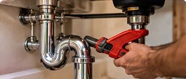 Plumber tightening a pipe under a sink