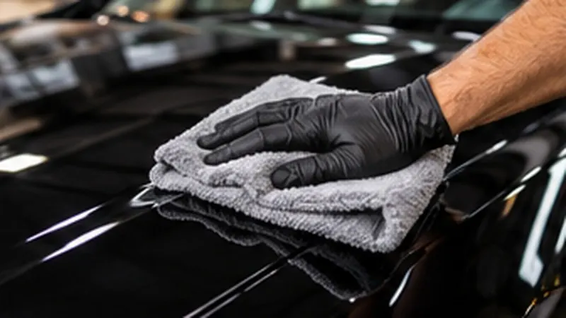 Detailer wiping the hood of a dark car