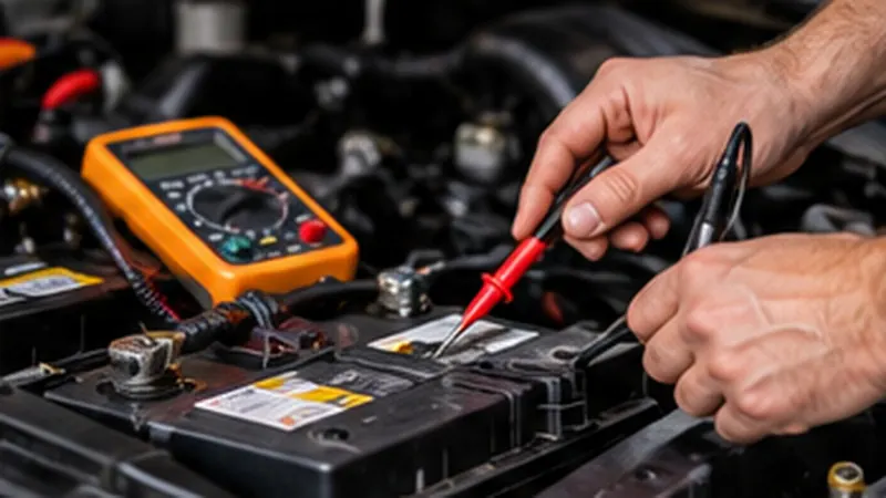Technician testing wiring beside an open car hood