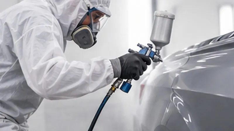 Painter spraying a car body panel