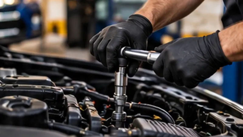 Mechanic working under an open car hood