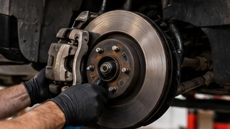 Mechanic turning a brake caliper on a lifted wheel
