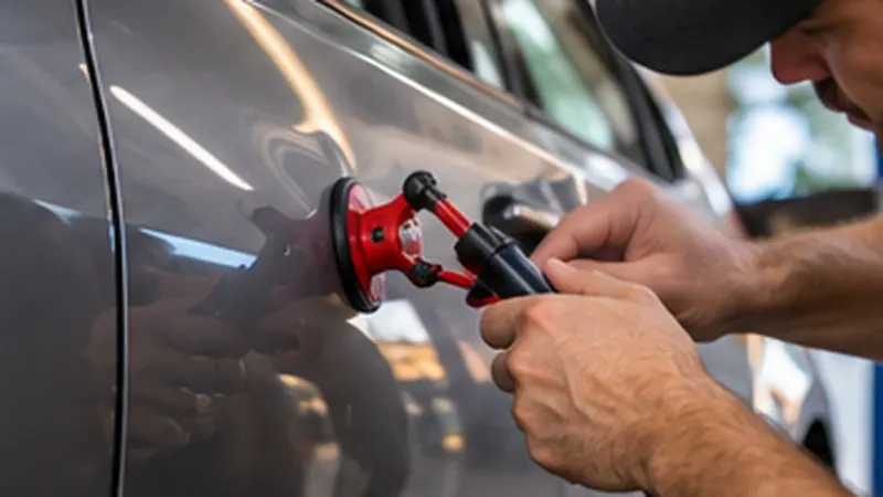 Technician pulling a dent from a car door
