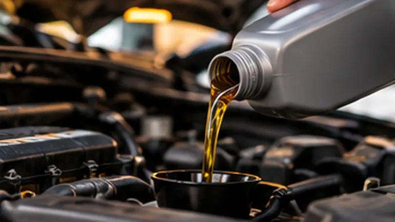 Oil change under a car raised on a shop lift